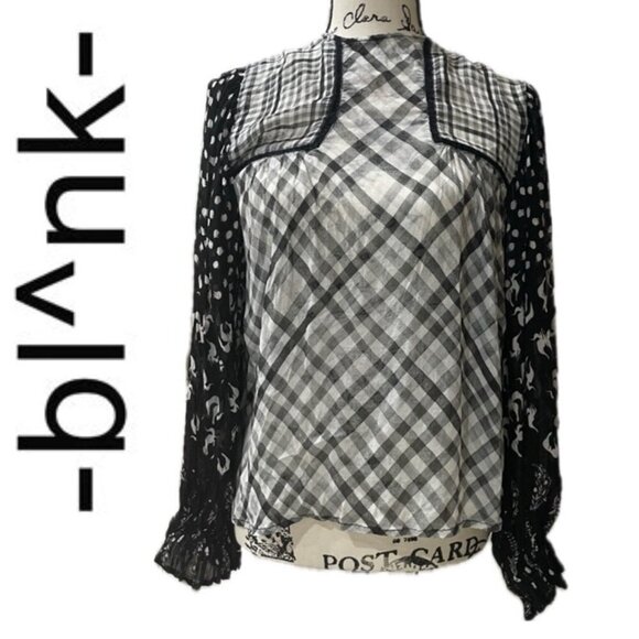 BL-NK BLOUSE MIRANDA PEASANT MONOCHROMATIC BLACK/WHITE SHEER PRINT Sz S BADDIE - Picture 1 of 16